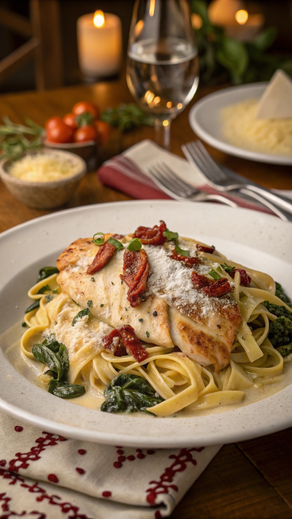Creamy slow-cooked Tuscan chicken served on fettuccine with sun-dried tomatoes and spinach.