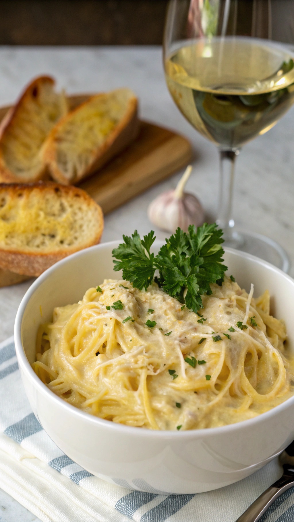 A bowl of creamy spaghetti squash Alfredo garnished with parsley, served with garlic bread and a glass of white wine.