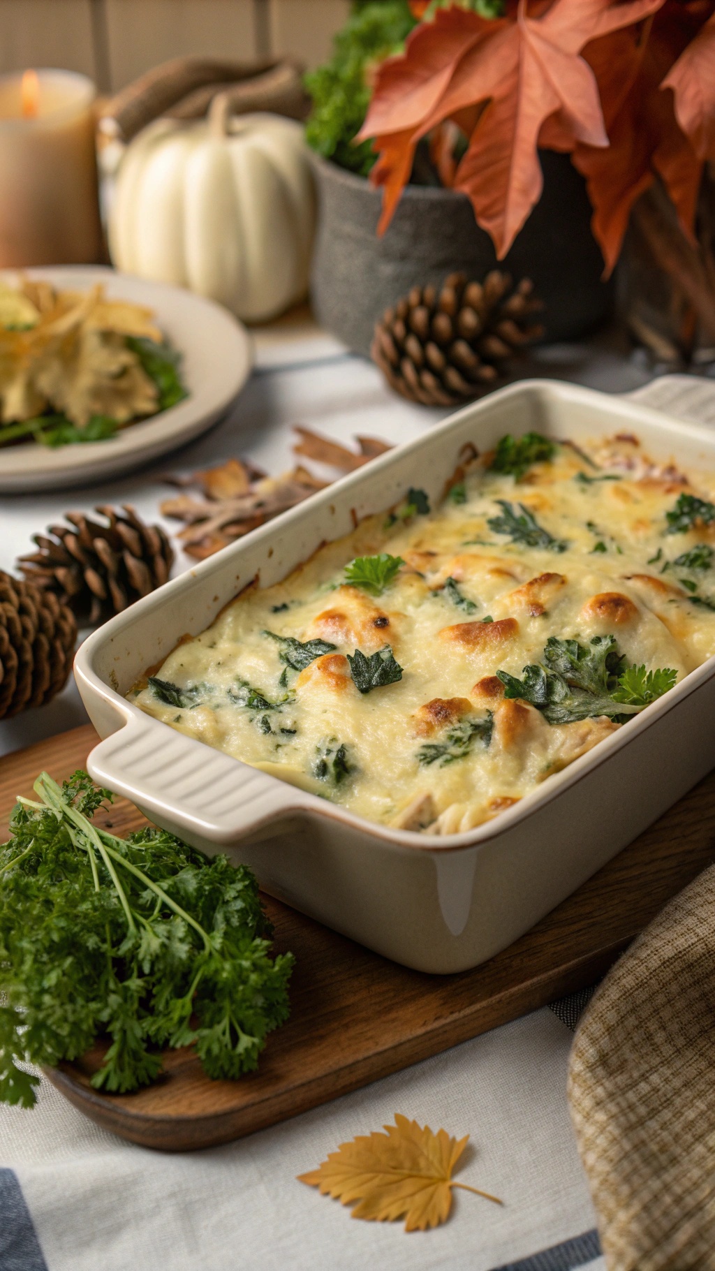 A creamy spinach and artichoke chicken bake in a baking dish, surrounded by fall decorations.