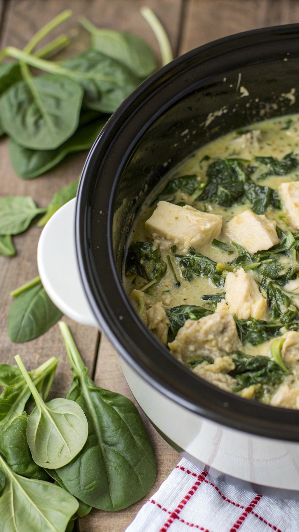Crockpot filled with creamy spinach and artichoke chicken, surrounded by fresh spinach leaves.