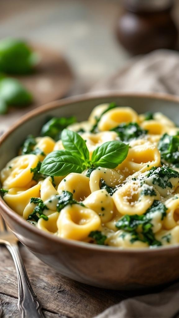 A bowl of creamy spinach and cheese tortellini garnished with basil.
