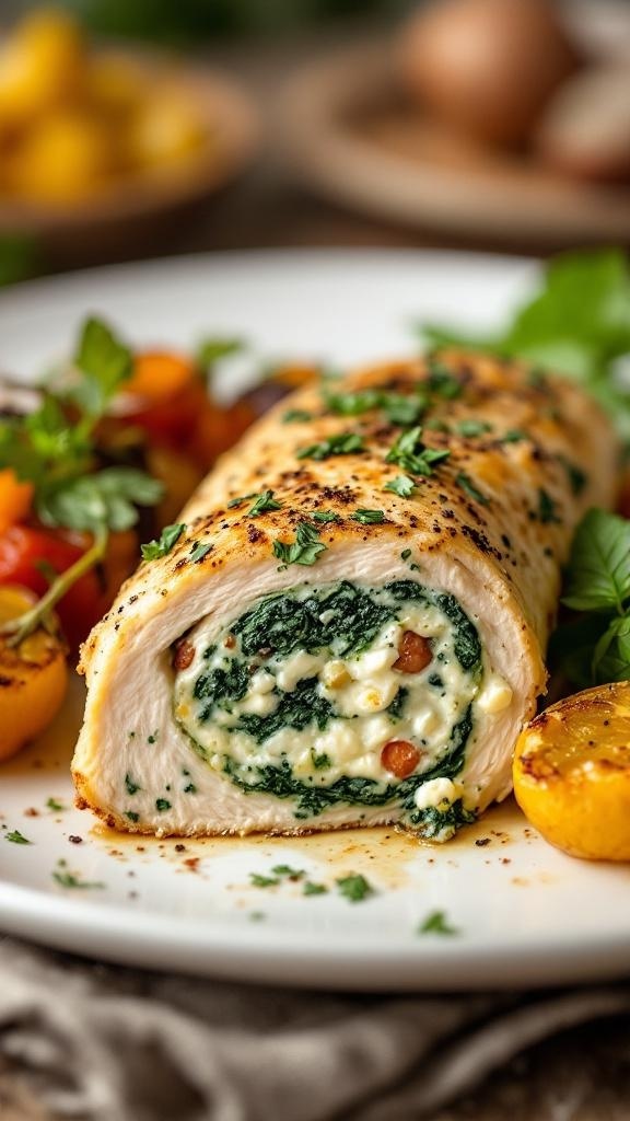 Creamy spinach and feta stuffed chicken on a plate with roasted vegetables