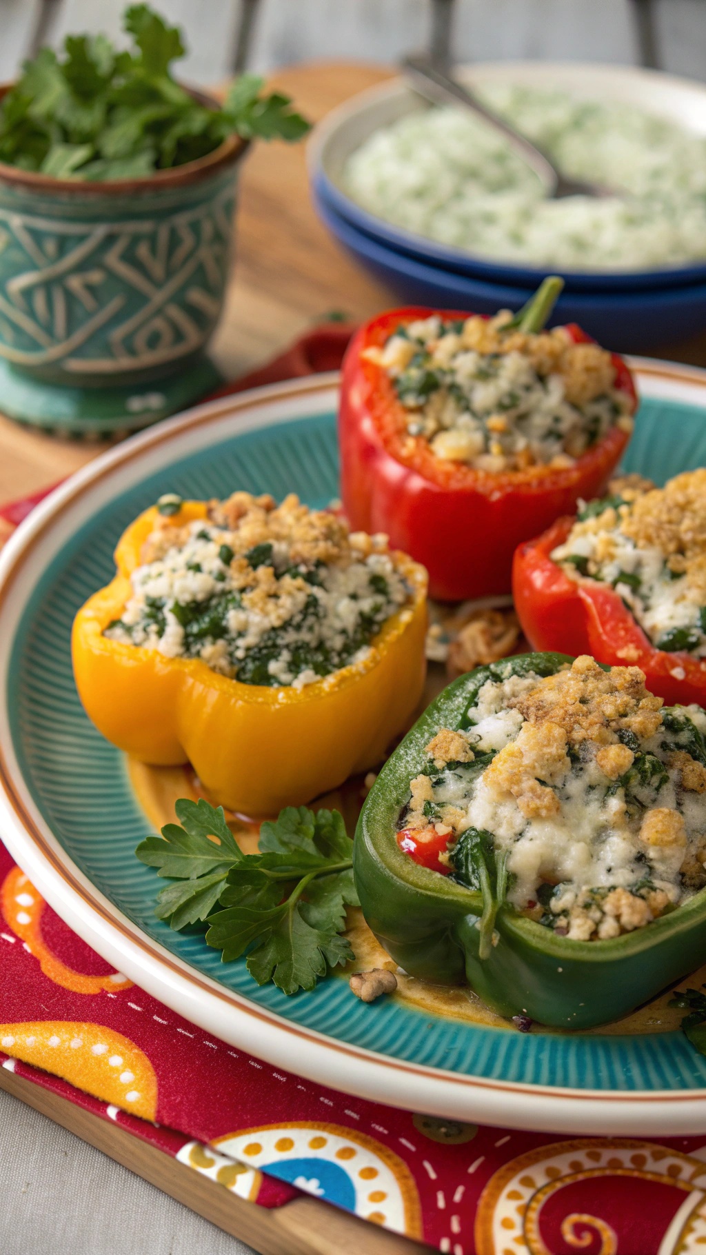 Creamy spinach and feta stuffed peppers on a colorful plate