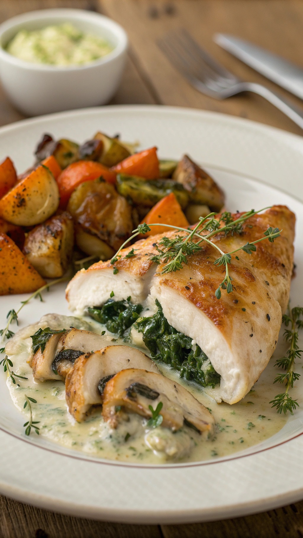 Creamy spinach and mushroom stuffed chicken breast served with roasted vegetables.