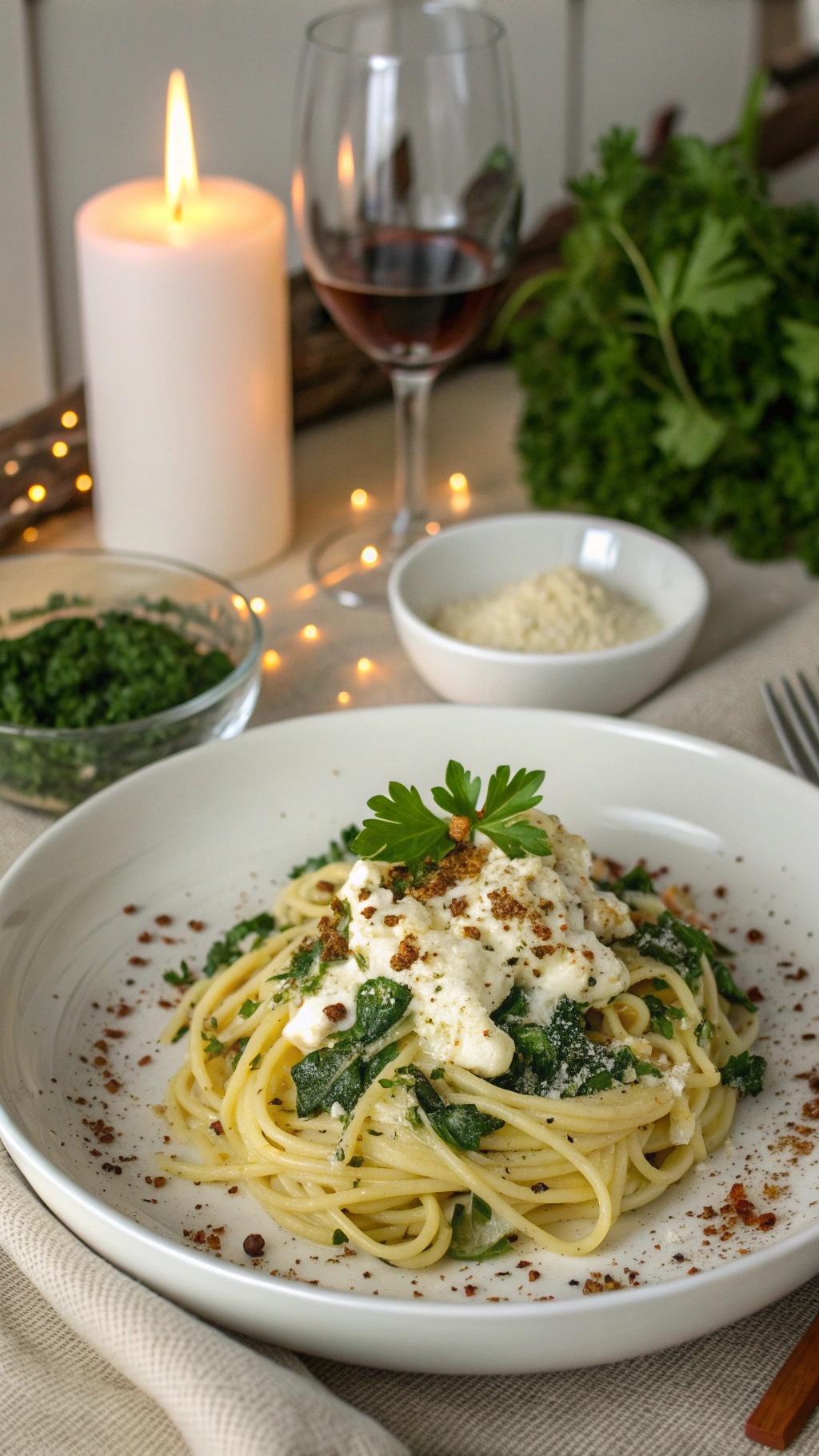A plate of creamy spinach and ricotta spaghetti garnished with parsley, served with a glass of red wine and a candle.