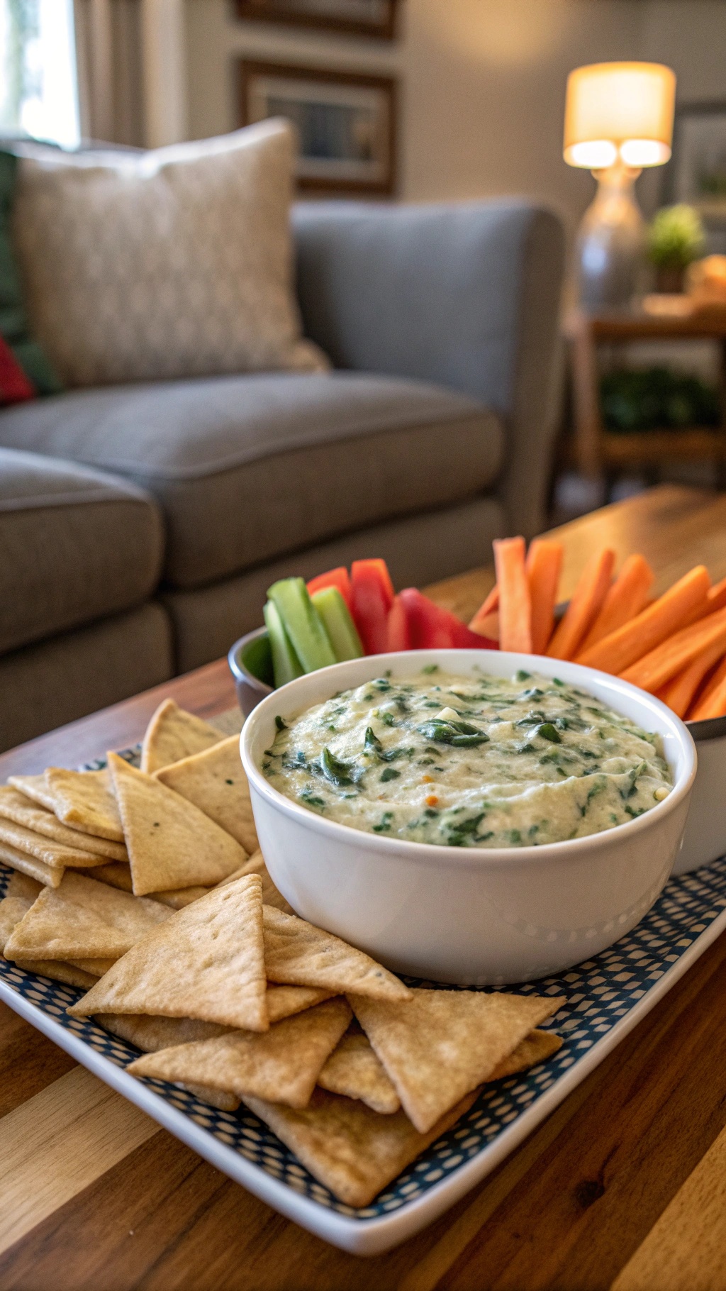 Creamy spinach artichoke dip served with pita chips and fresh vegetables