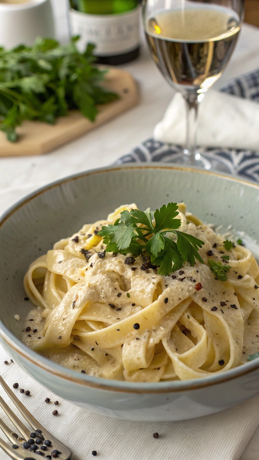 A bowl of creamy tofu alfredo pasta garnished with herbs and black pepper.