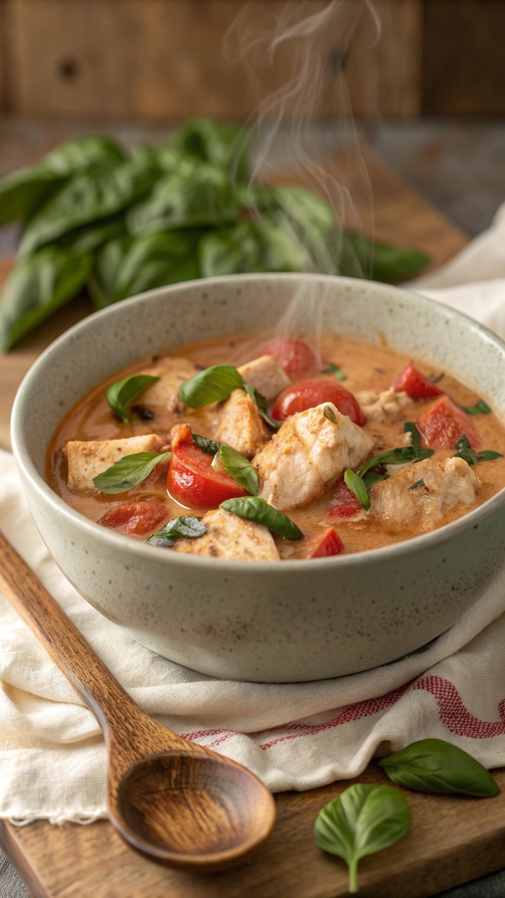 A bowl of creamy tomato basil chicken stew with chunks of chicken, tomatoes, and fresh basil leaves.