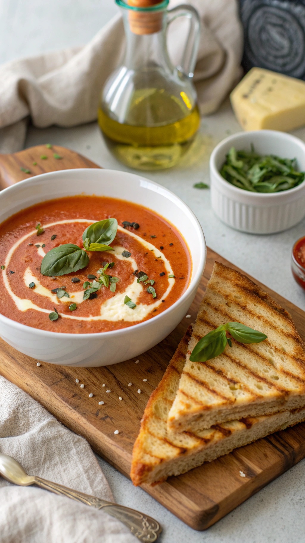 A bowl of creamy tomato basil soup with grilled bread on a wooden board, garnished with basil leaves.
