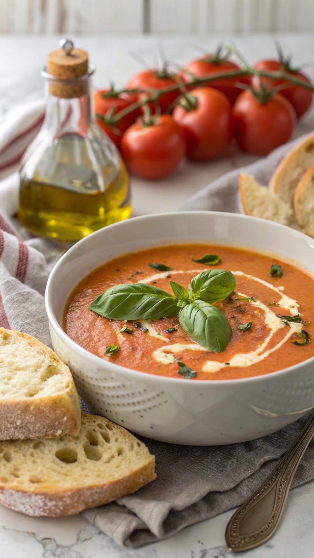 A bowl of creamy tomato basil soup garnished with basil leaves, surrounded by fresh tomatoes and slices of bread.
