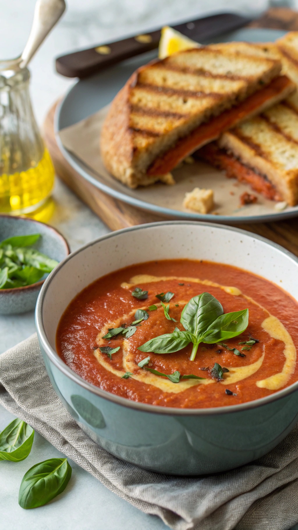 A bowl of creamy tomato basil soup with fresh basil leaves on top, served with a grilled cheese sandwich on the side.
