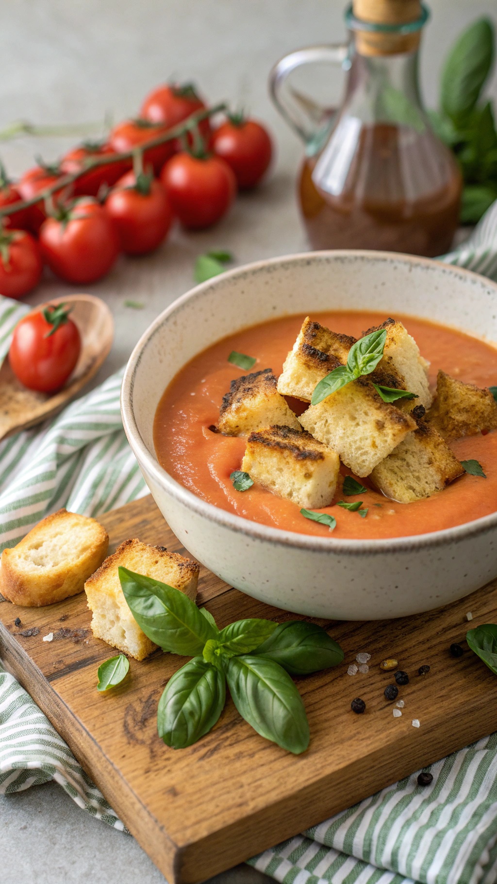 A bowl of creamy tomato basil soup topped with grilled cheese croutons, fresh basil, and tomatoes in the background.