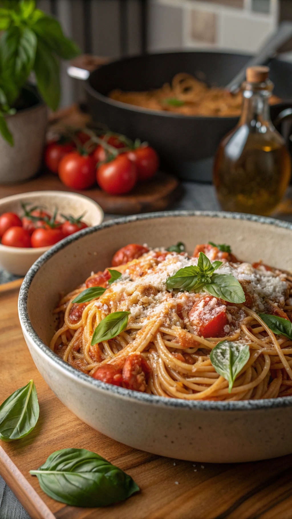 A bowl of creamy tomato basil spaghetti garnished with fresh basil and cheese, with tomatoes and olive oil in the background.
