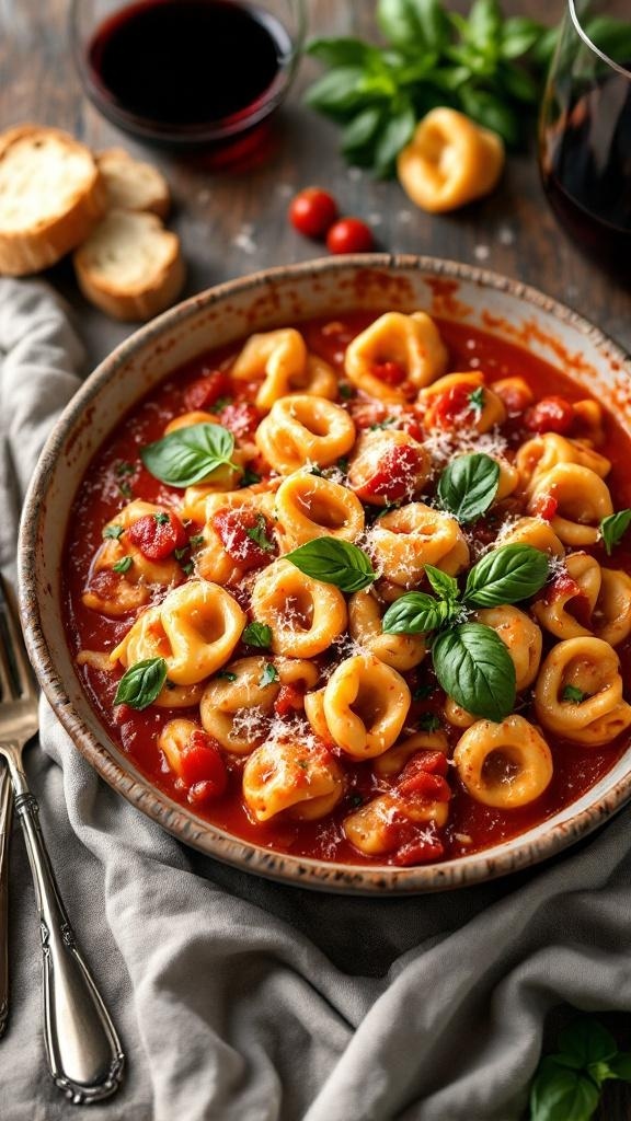 A bowl of creamy tomato basil tortellini garnished with fresh basil leaves, served with a side of bread and red wine.