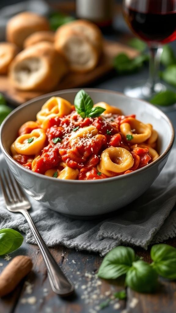 A bowl of creamy tomato basil tortellini garnished with fresh basil leaves, with bread rolls and a glass of red wine in the background.