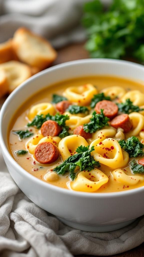 A bowl of creamy tortellini soup with kale and sausage, garnished with red pepper flakes.
