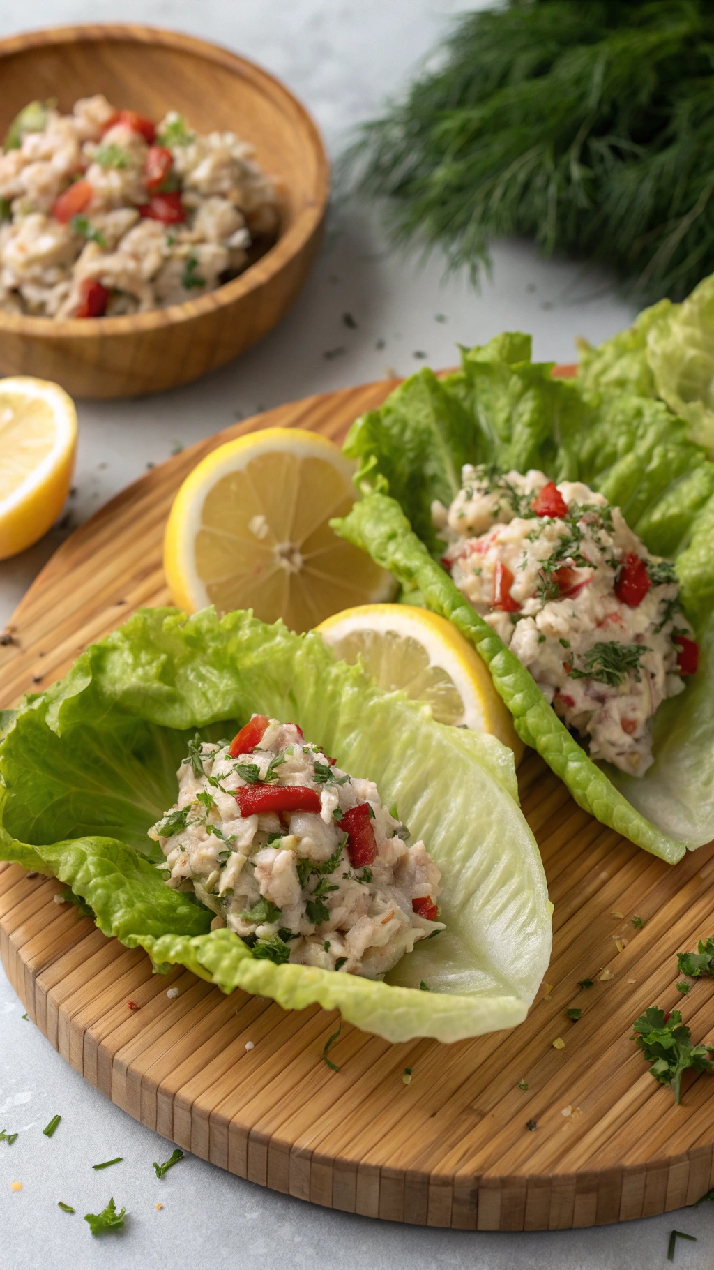 Creamy tuna salad in lettuce wraps with lemon slices on a wooden platter.