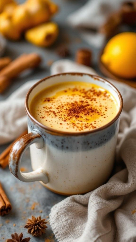 A creamy turmeric lemon latte in a cozy mug, garnished with cinnamon, surrounded by spices and lemons.
