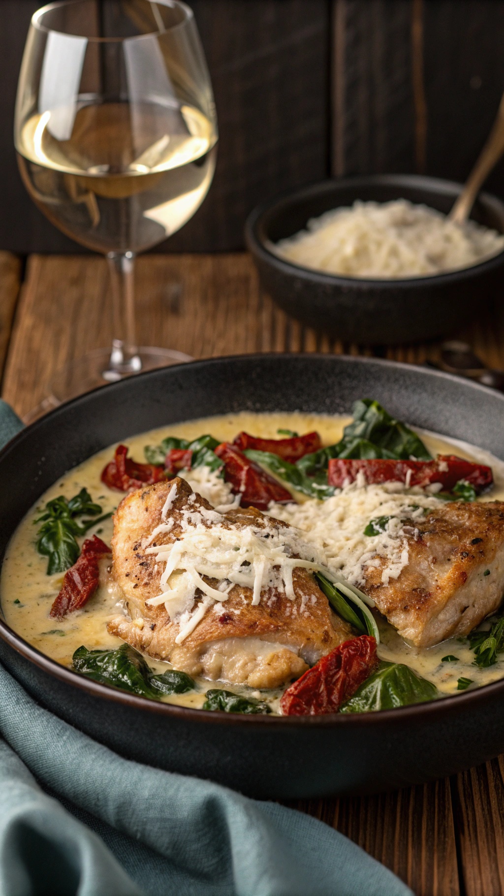 Creamy Tuscan chicken thighs served with spinach and sun-dried tomatoes in a rich sauce.
