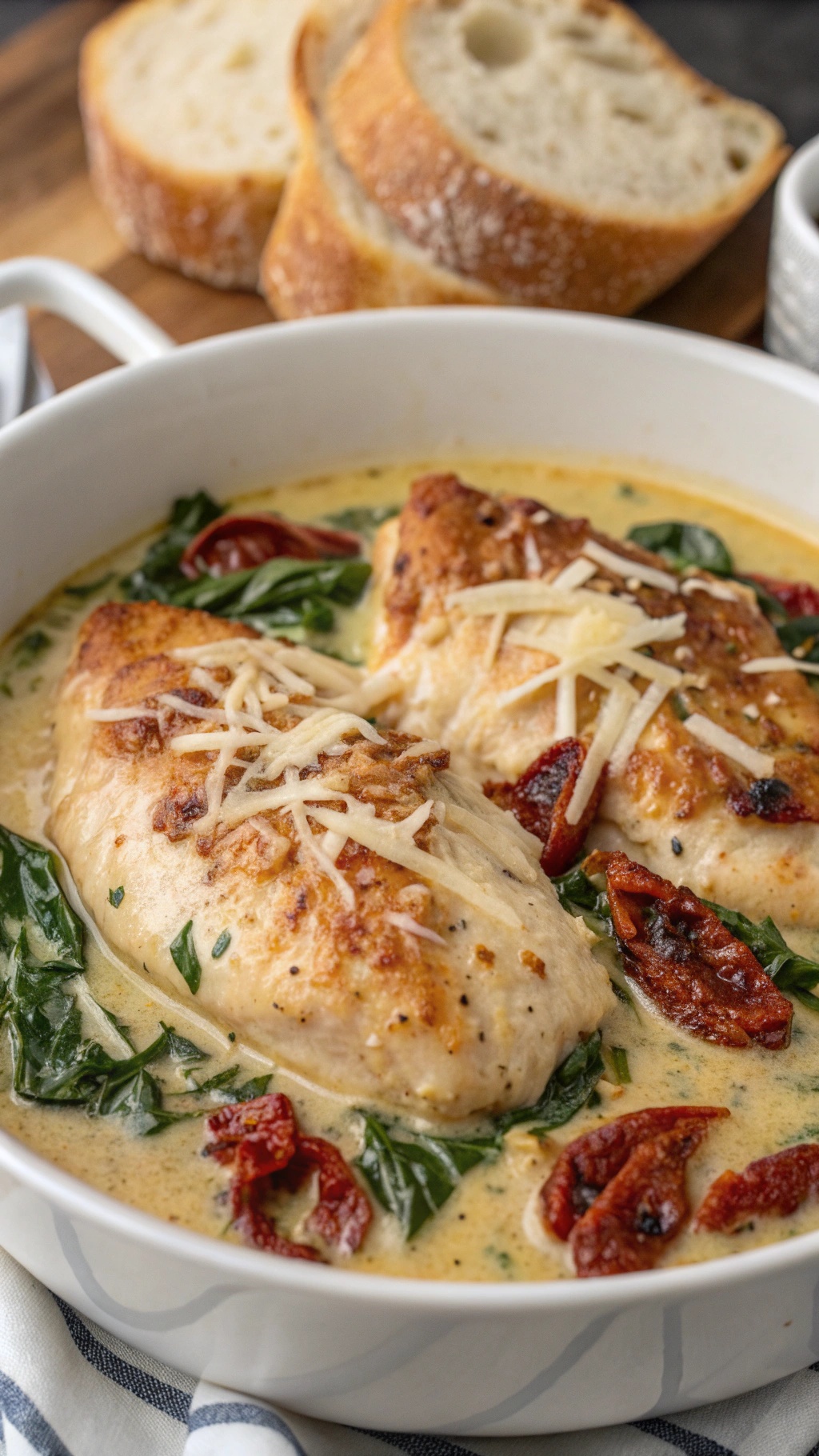 A bowl of creamy Tuscan chicken with spinach and sun-dried tomatoes, garnished with grated cheese, alongside slices of crusty bread.