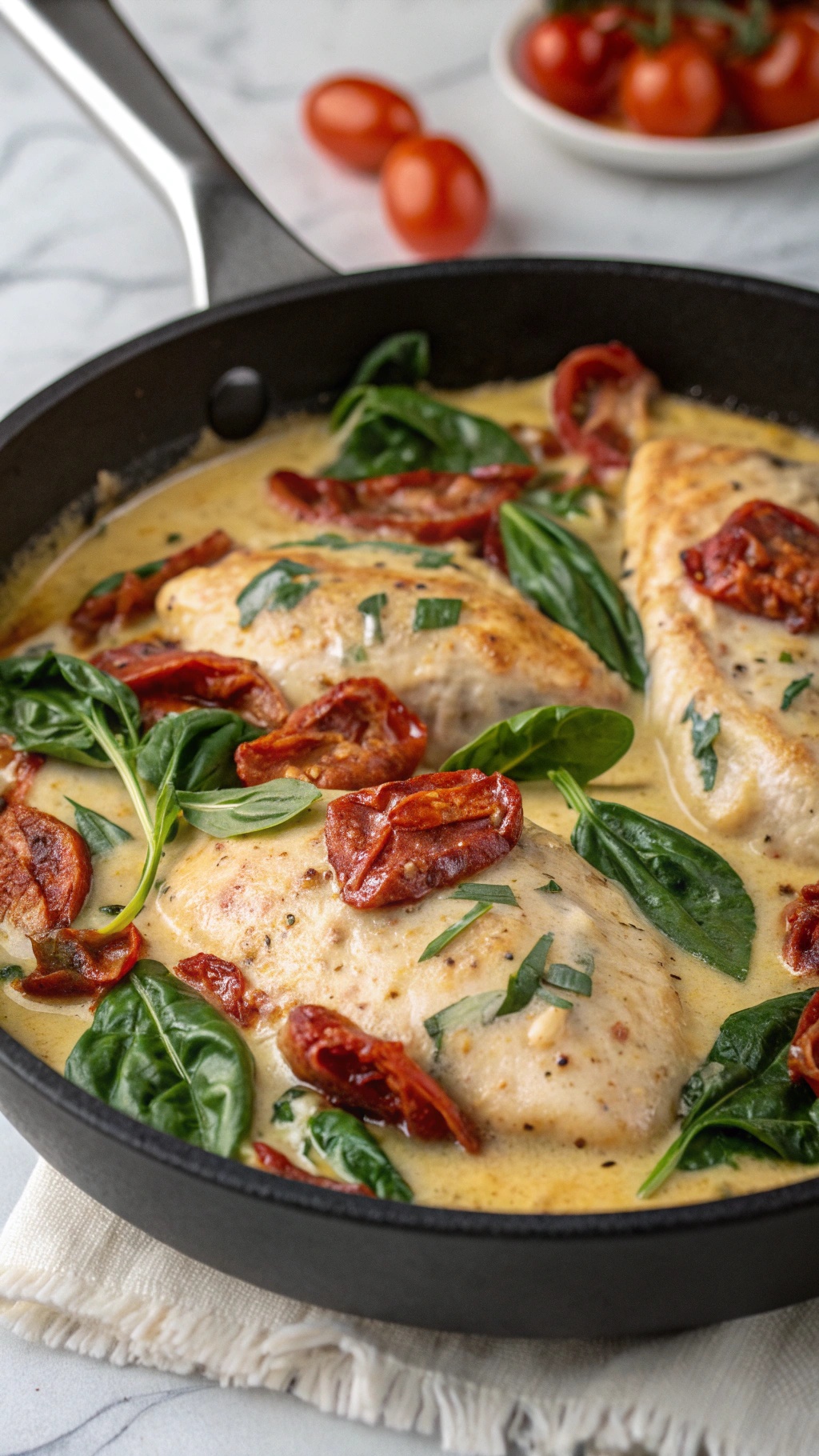 Creamy Tuscan chicken with spinach and sun-dried tomatoes in a skillet.