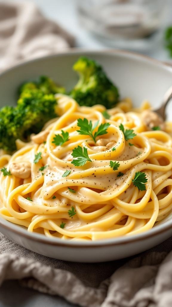 A bowl of creamy vegan alfredo pasta topped with parsley and served with broccoli.