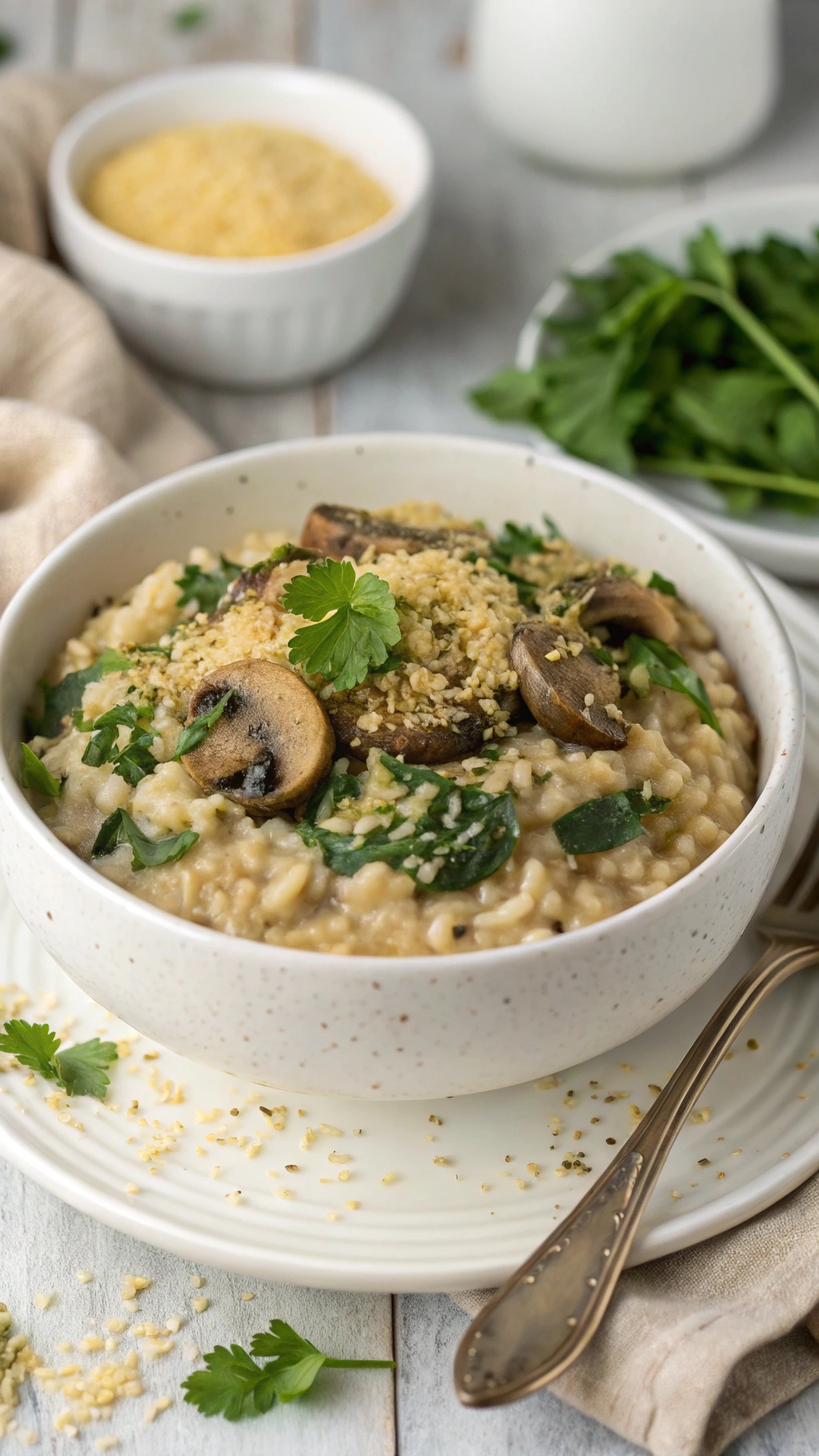 A bowl of creamy vegan mushroom and spinach risotto topped with herbs and nutritional yeast.