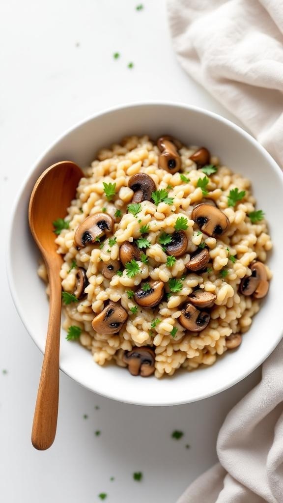 A bowl of creamy vegan mushroom risotto topped with mushrooms and parsley.