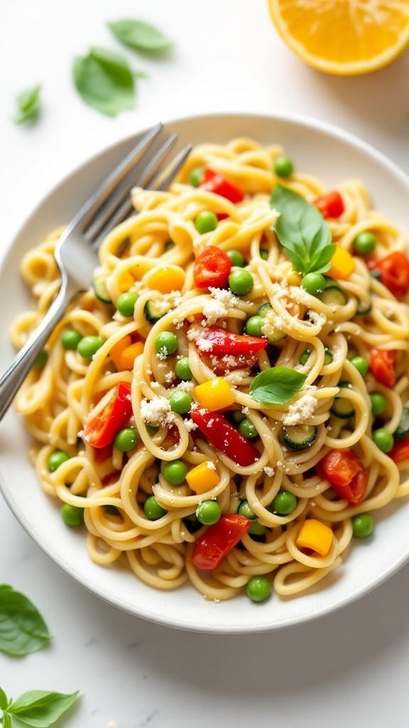 A plate of creamy vegan pasta primavera with colorful vegetables and a fork beside it.