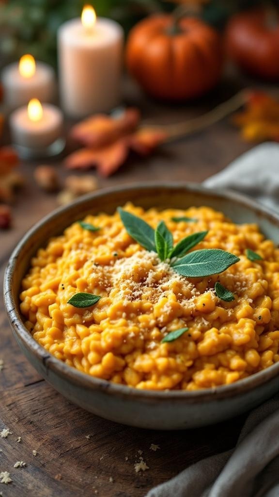 A bowl of creamy vegan pumpkin risotto garnished with sage leaves, surrounded by candles and pumpkins.