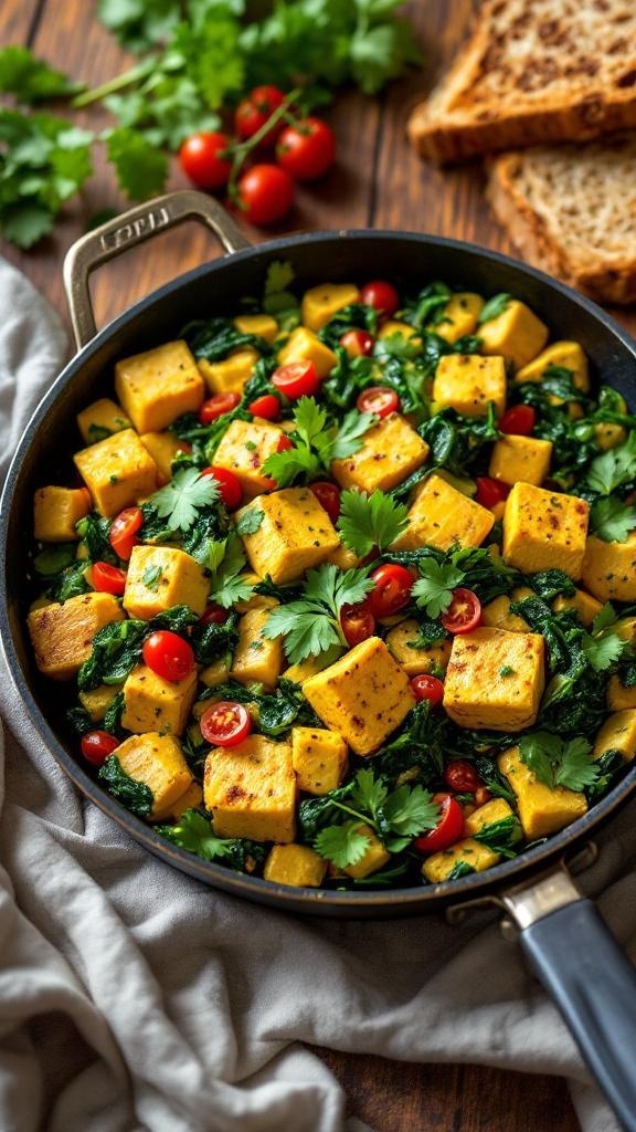 A colorful vegan tofu scramble with spinach and cherry tomatoes in a skillet, served with bread.