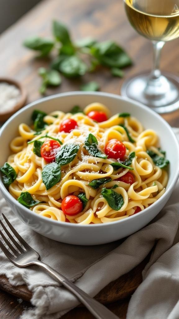 A bowl of creamy vegetable pasta with cherry tomatoes and spinach, garnished with Parmesan cheese.