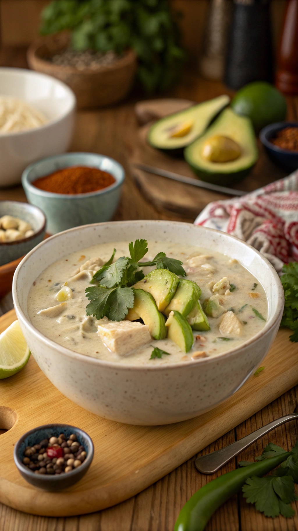A bowl of creamy white chicken chili topped with avocado slices and cilantro, surrounded by ingredients like spices and lime.