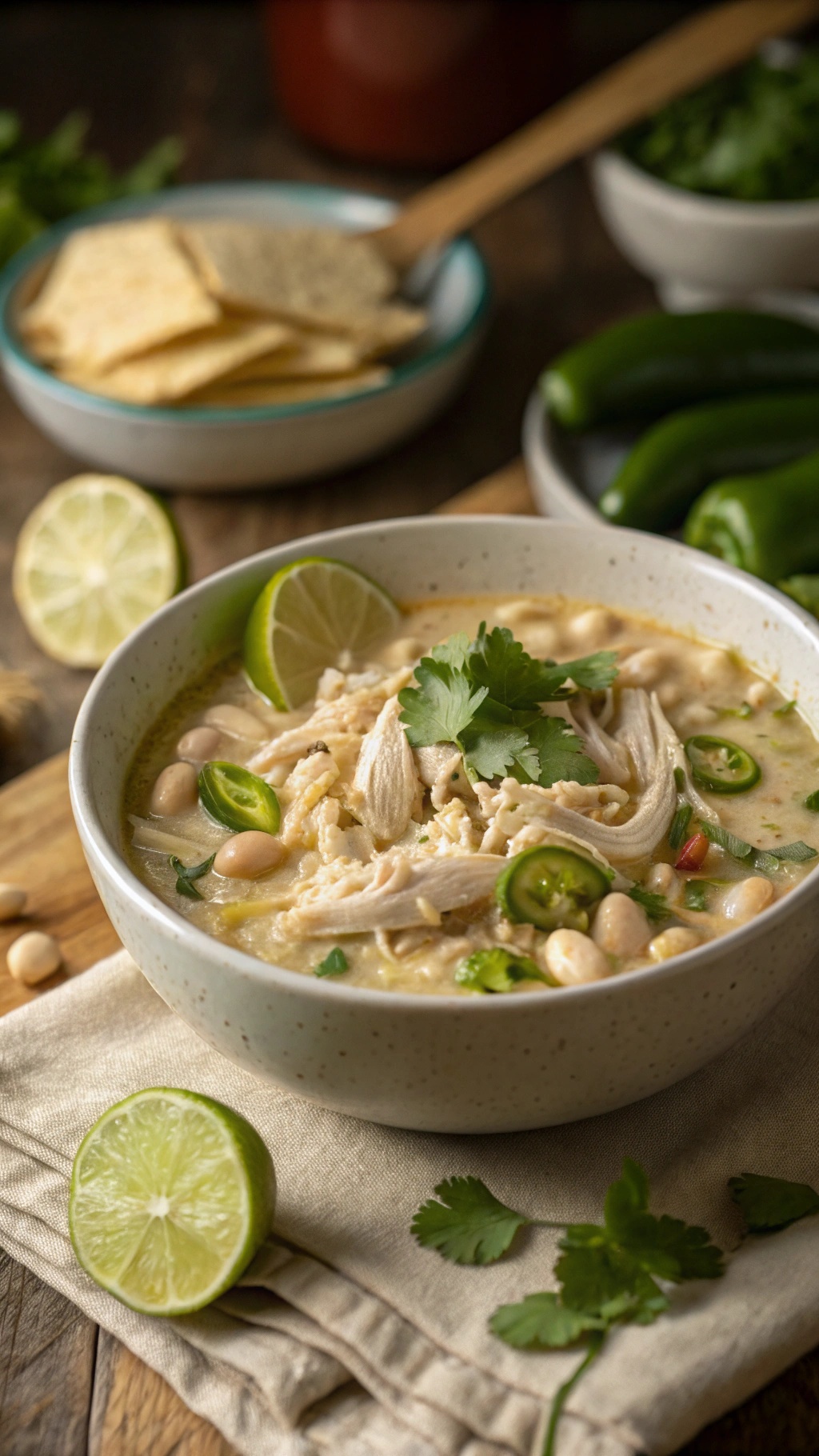 A bowl of creamy white chicken chili garnished with lime and cilantro, served with crackers.