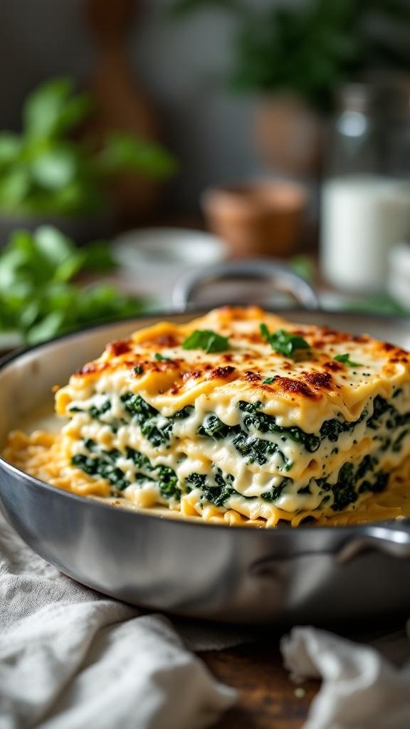 A delicious creamy white sauce one-pan lasagna with layers of spinach and cheese, baked to perfection.