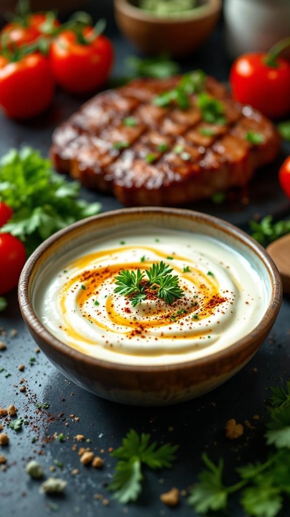 A bowl of creamy yogurt marinade with herbs and spices, surrounded by fresh tomatoes and a grilled steak.