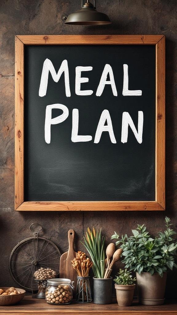 A chalkboard meal plan displaying meals for each day of the week, including various dishes and times.