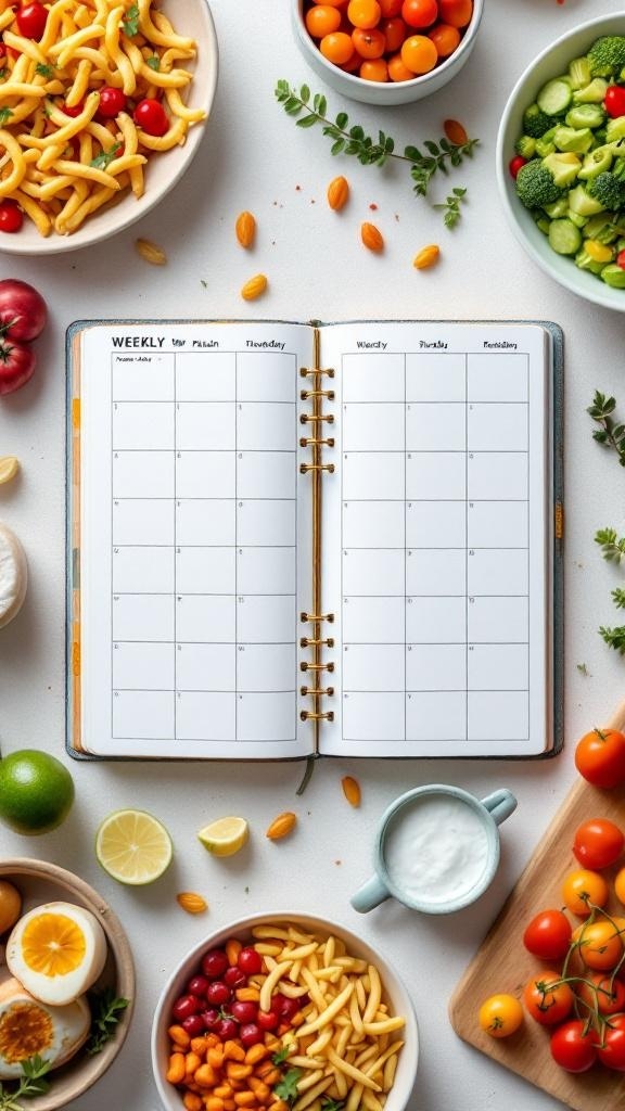 A weekly planner open to a blank page, surrounded by fresh ingredients like pasta, tomatoes, and vegetables.