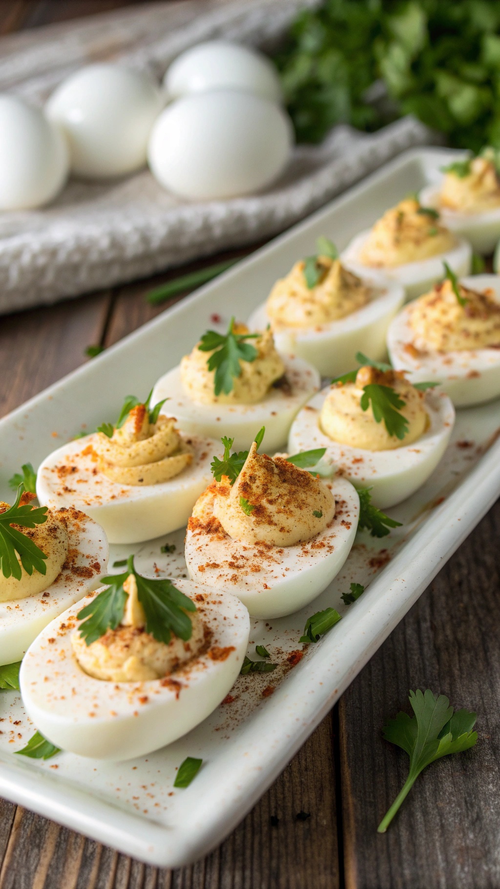 A platter of creative deviled eggs topped with paprika and parsley, showcasing a twist on the classic recipe.