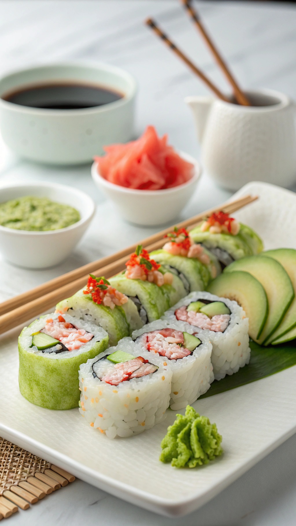 A colorful platter of sushi rolls with shrimp, cucumber, and avocado, served with soy sauce, wasabi, and pickled ginger.