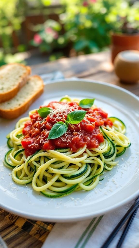 A plate of zucchini noodles topped with marinara sauce and fresh basil, served with slices of bread.