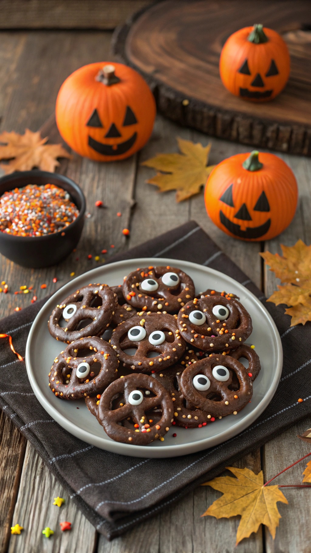A plate of chocolate-covered pretzels decorated with candy eyes and colorful sprinkles, surrounded by pumpkins and autumn leaves.