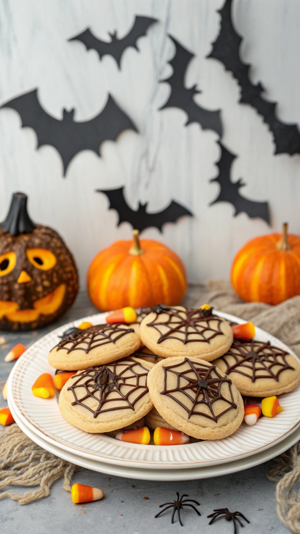 A plate of cookies decorated with chocolate spider webs, surrounded by candy corn and Halloween decorations.
