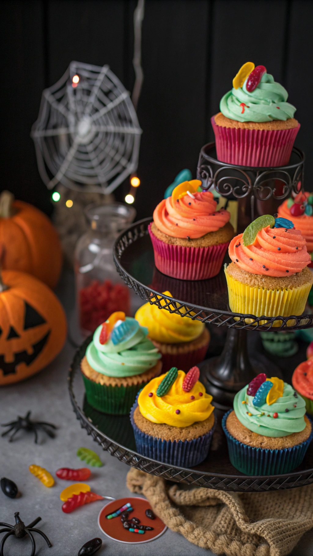 A display of colorful cupcakes decorated for Halloween with gummy worms and candy.