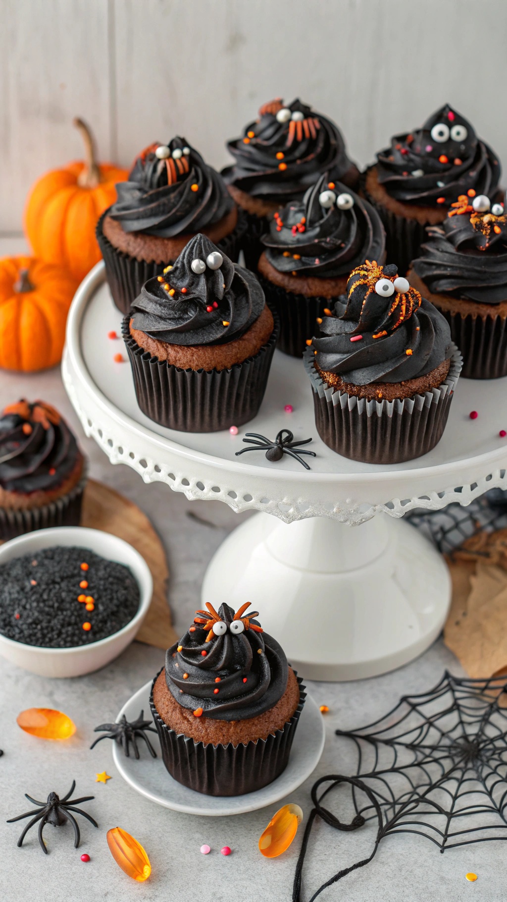 A display of creepy crawly cupcakes with black frosting, colorful sprinkles, and spider decorations.