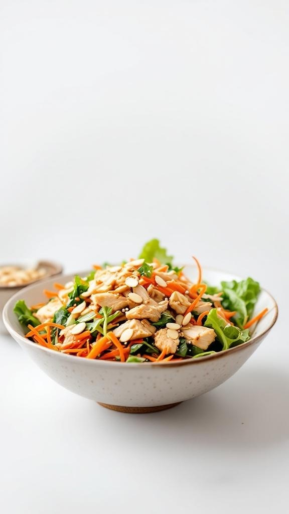 A bowl of Crisp Asian Chicken Salad with sesame dressing, featuring greens, shredded carrots, and sliced almonds.