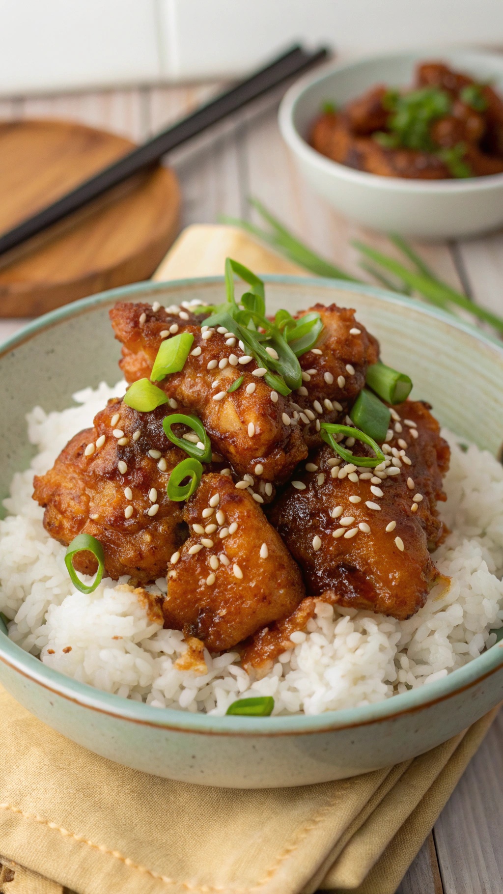 A bowl of crispy Asian chicken thighs served over rice, garnished with sesame seeds and green onions.