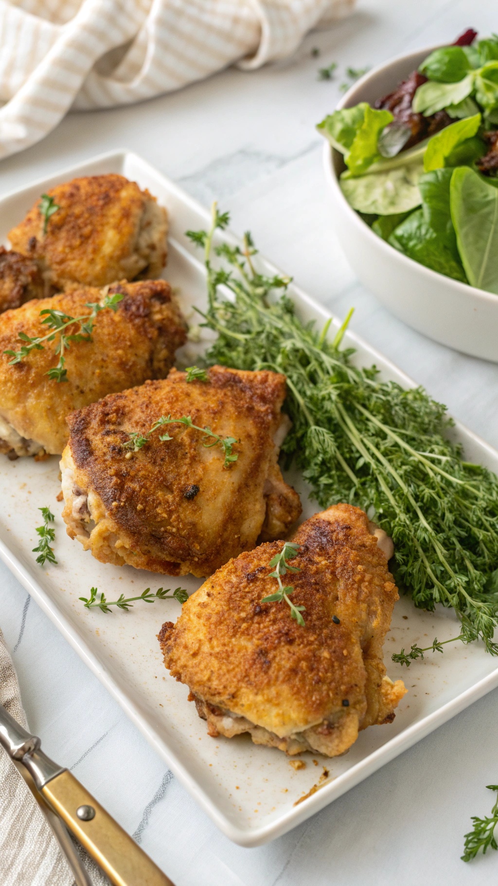 Crispy baked chicken thighs served with fresh herbs and a side salad.