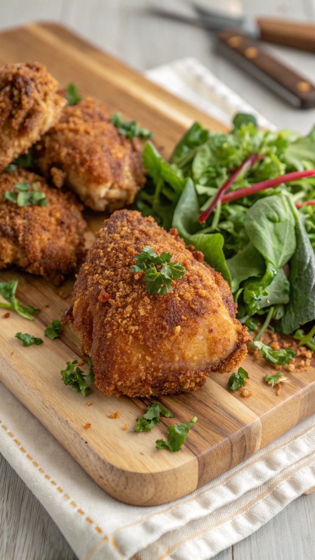 Crispy baked chicken thighs served on a wooden board with a side salad.