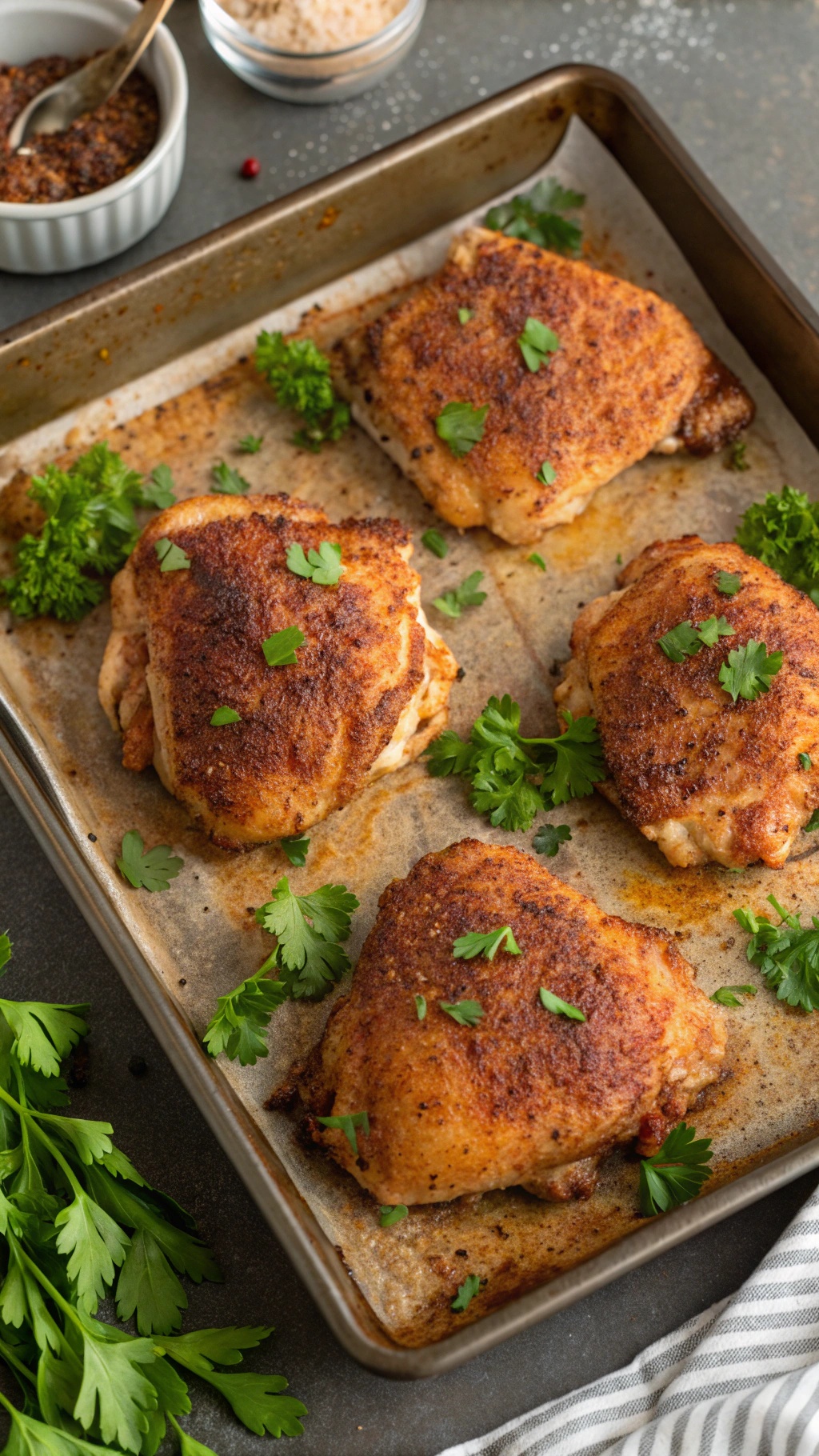 Crispy baked chicken thighs seasoned with paprika and garlic, garnished with parsley.